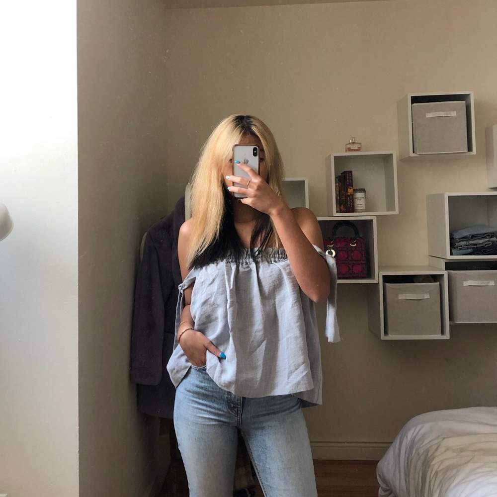 planet blue off the shoulder grey top